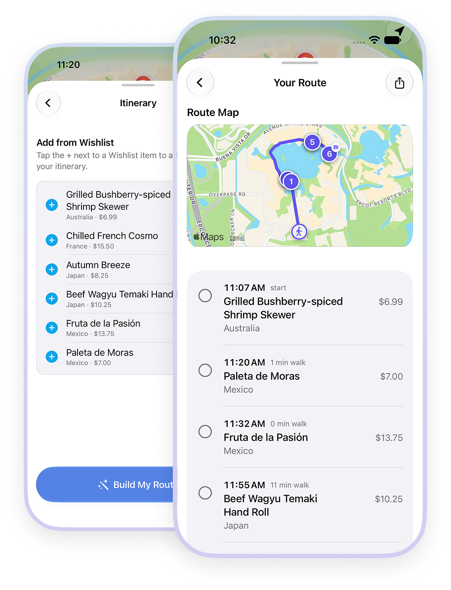 Walk a Smarter Route itinerary screens in WDW Festival Planner